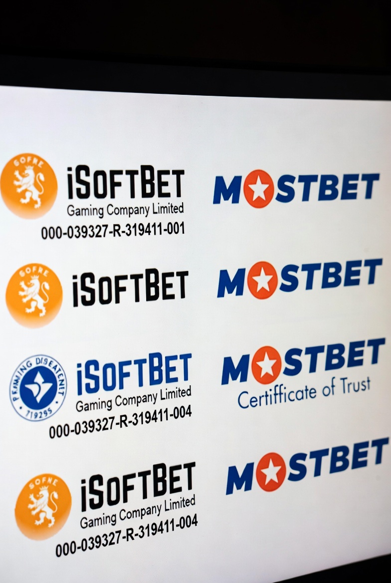 Logos of iSoftBet and Mostbet licenses and certificates to confirm legality