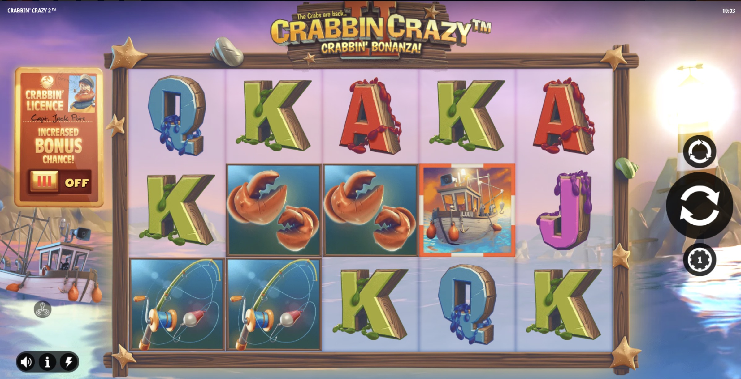 Crab Collector bonus round with a grid and accumulated crabs of different colors