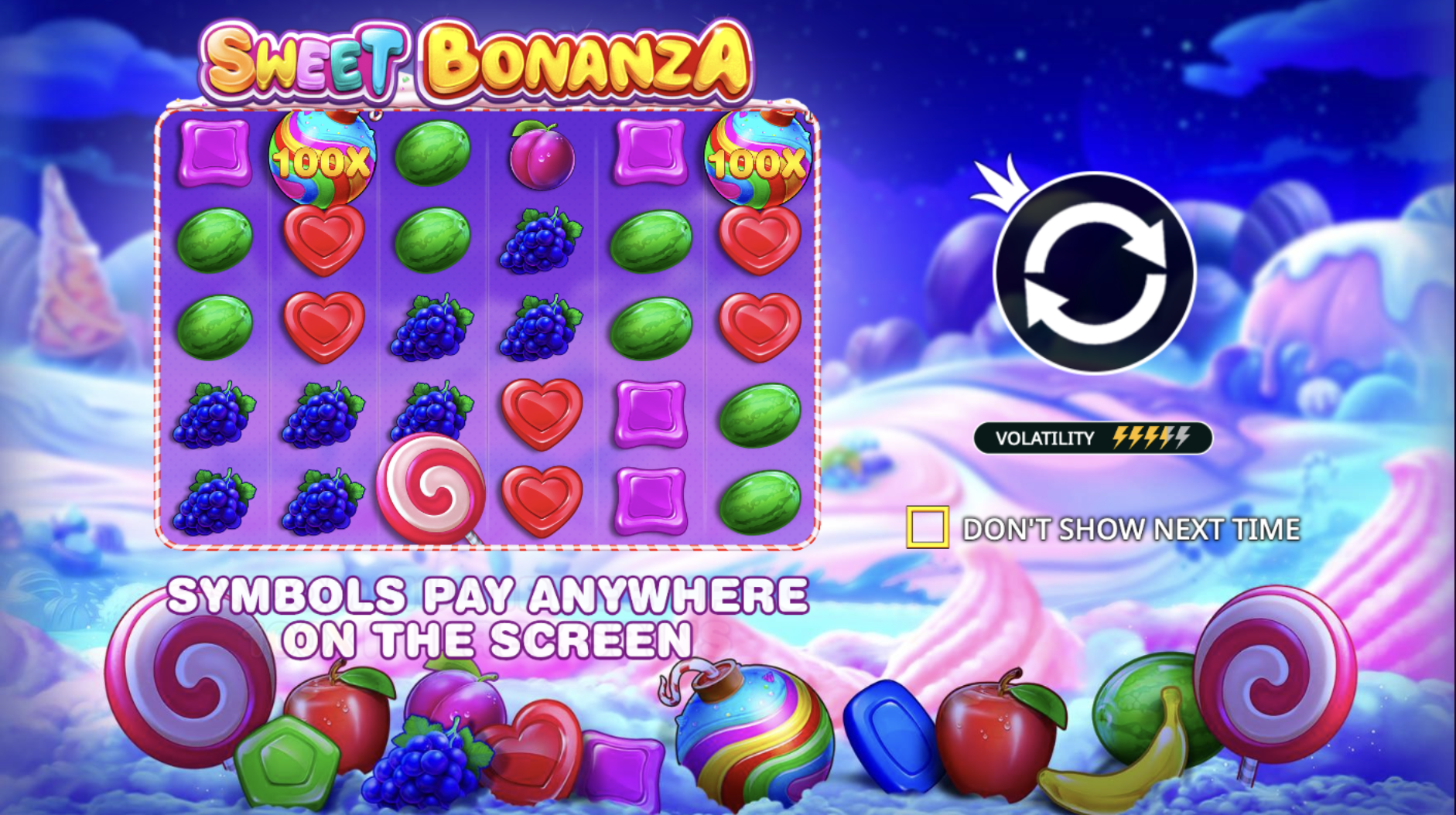 Интерфейс слота Sweet Bonanza с яркими фруктами и конфетами