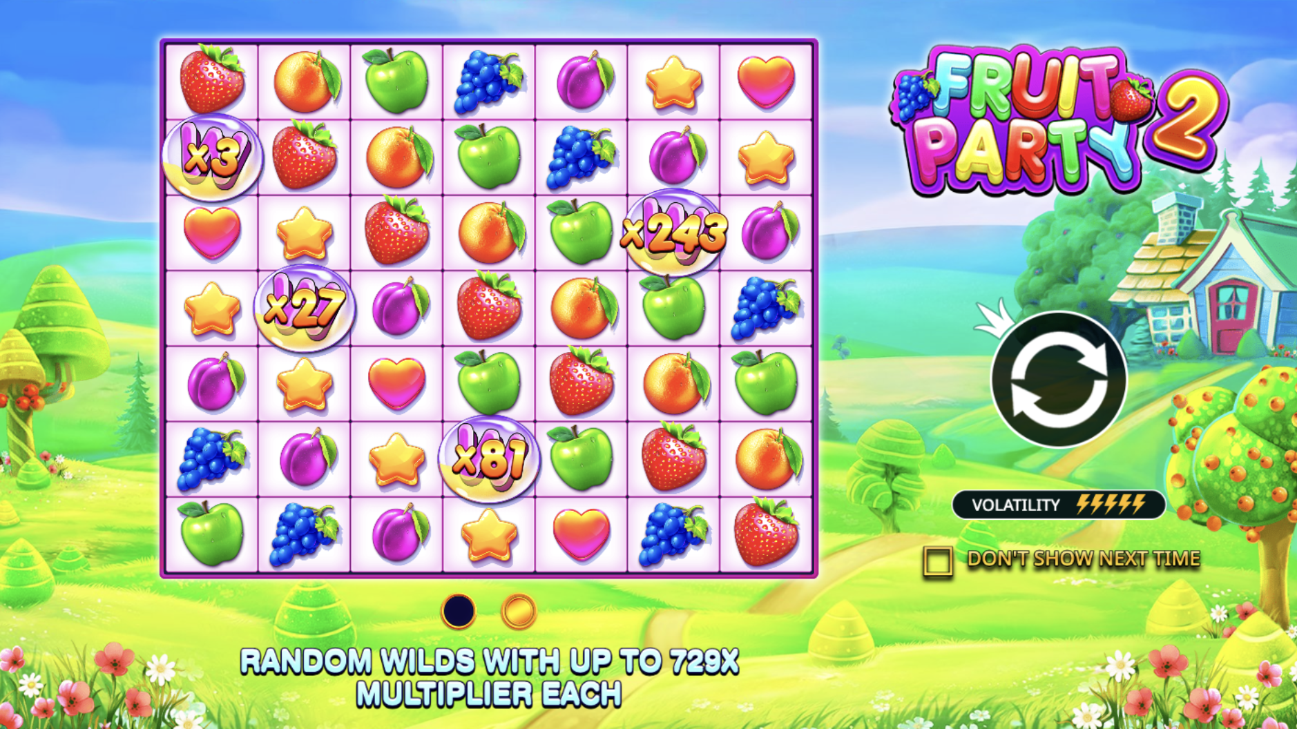 Кластер төлемдері мен жемісті тақырыбы бар Fruit Party 2 слоты
