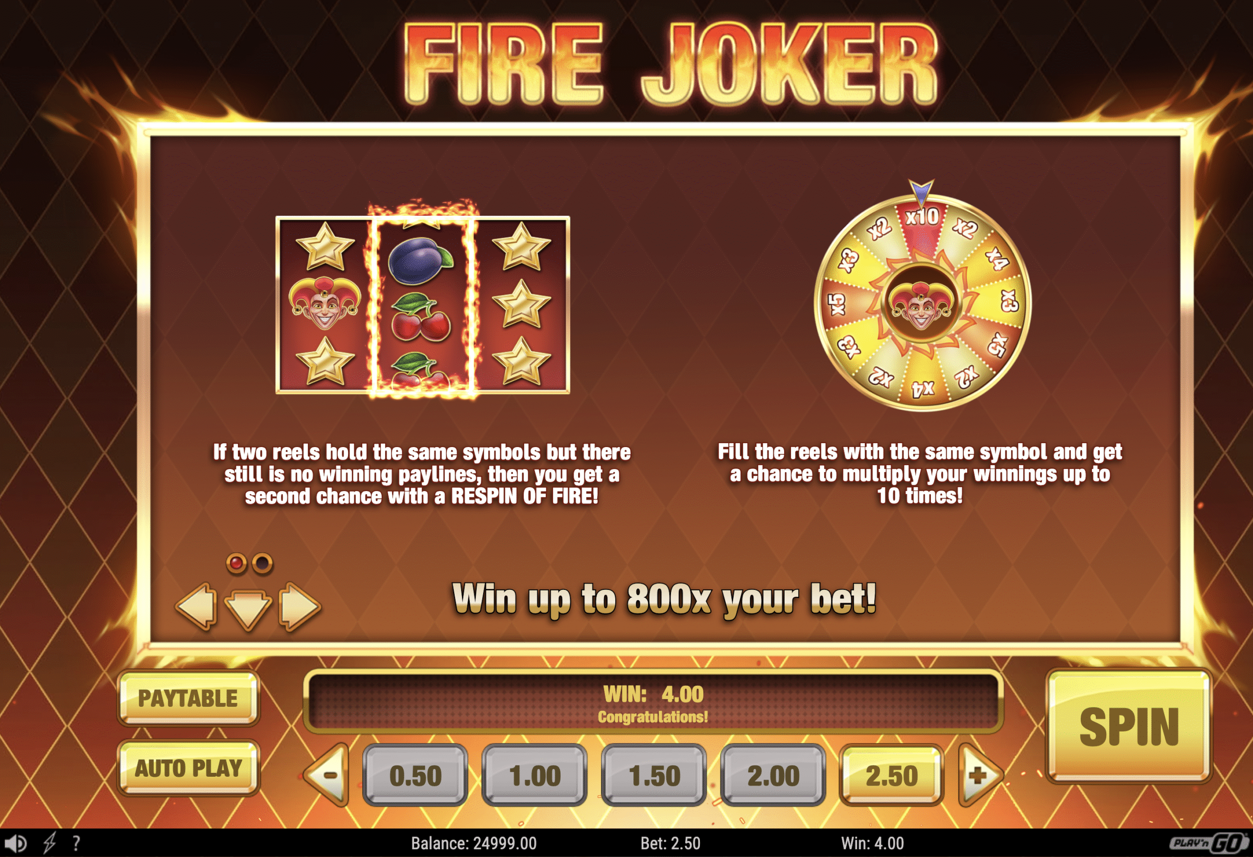 Fire Joker symbols and payout table with classic fruits