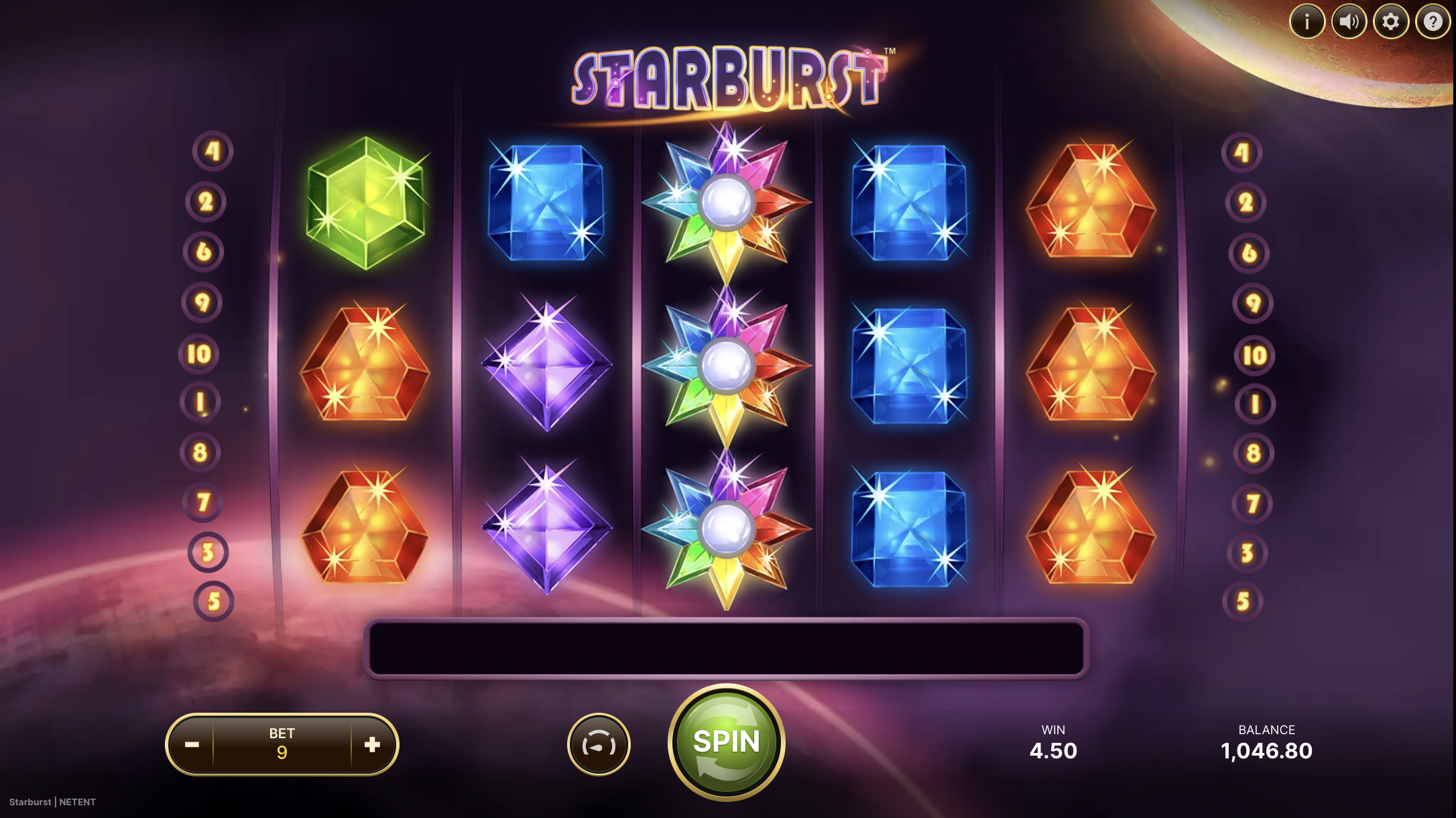 Starburst symbols with cosmic gemstones and paytable