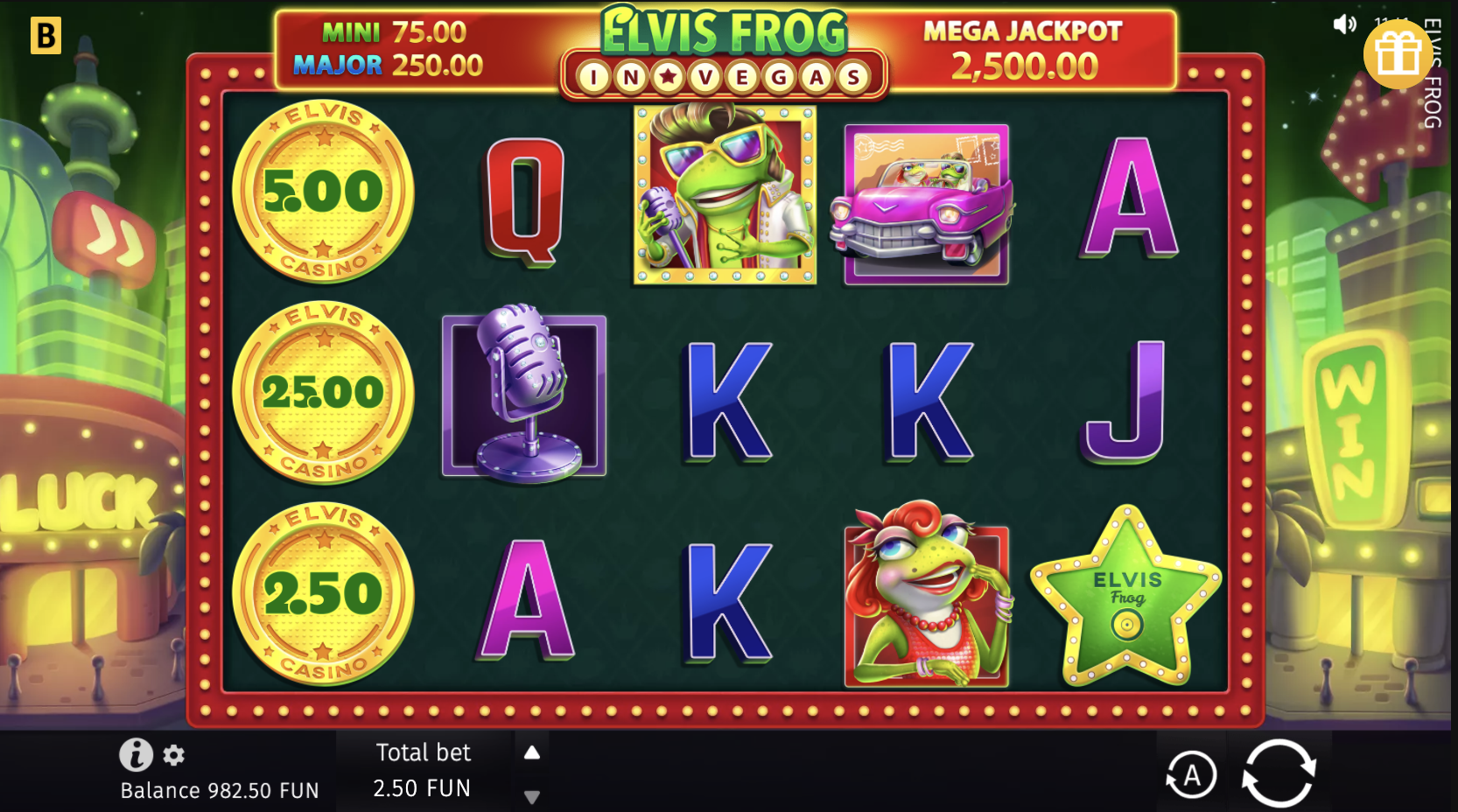 Hold and Win feature bonus symbols in Elvis Frog in Vegas