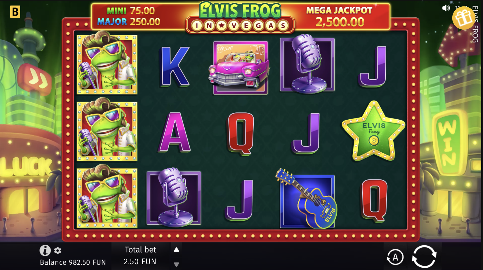 Elvis Frog in Vegas slot interface from BGaming with a Las Vegas theme