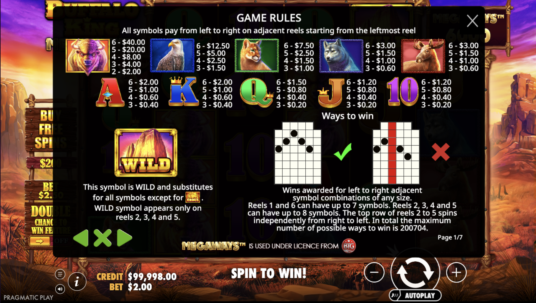 Buffalo King Megaways symbols paytable