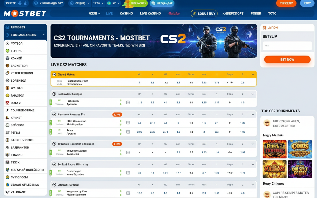 Mostbet-тегі CS2 турнирлерінің ставкалар интерфейсі