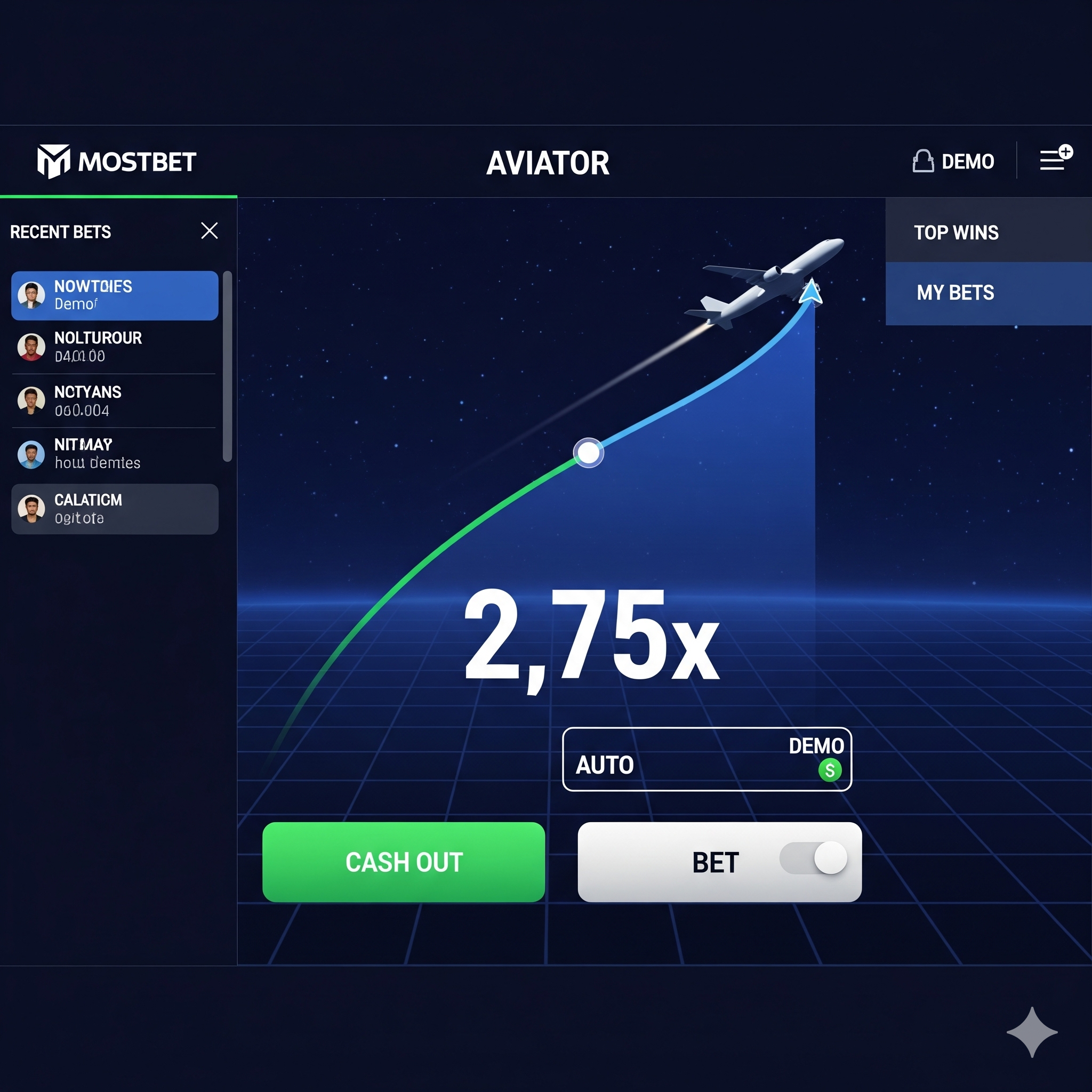 Демо-режим игры Aviator в Mostbet