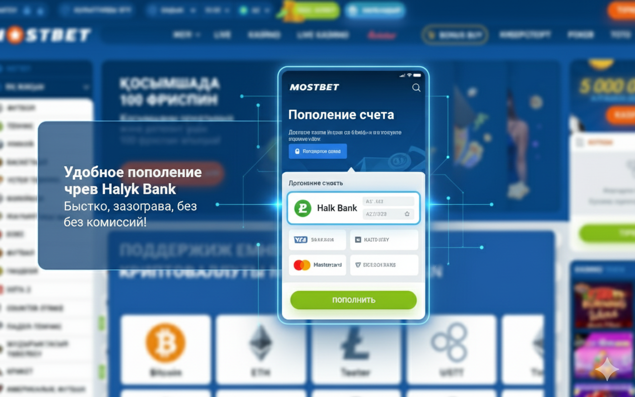 Интерфейс пополнения счета в Mostbet через Halyk Bank