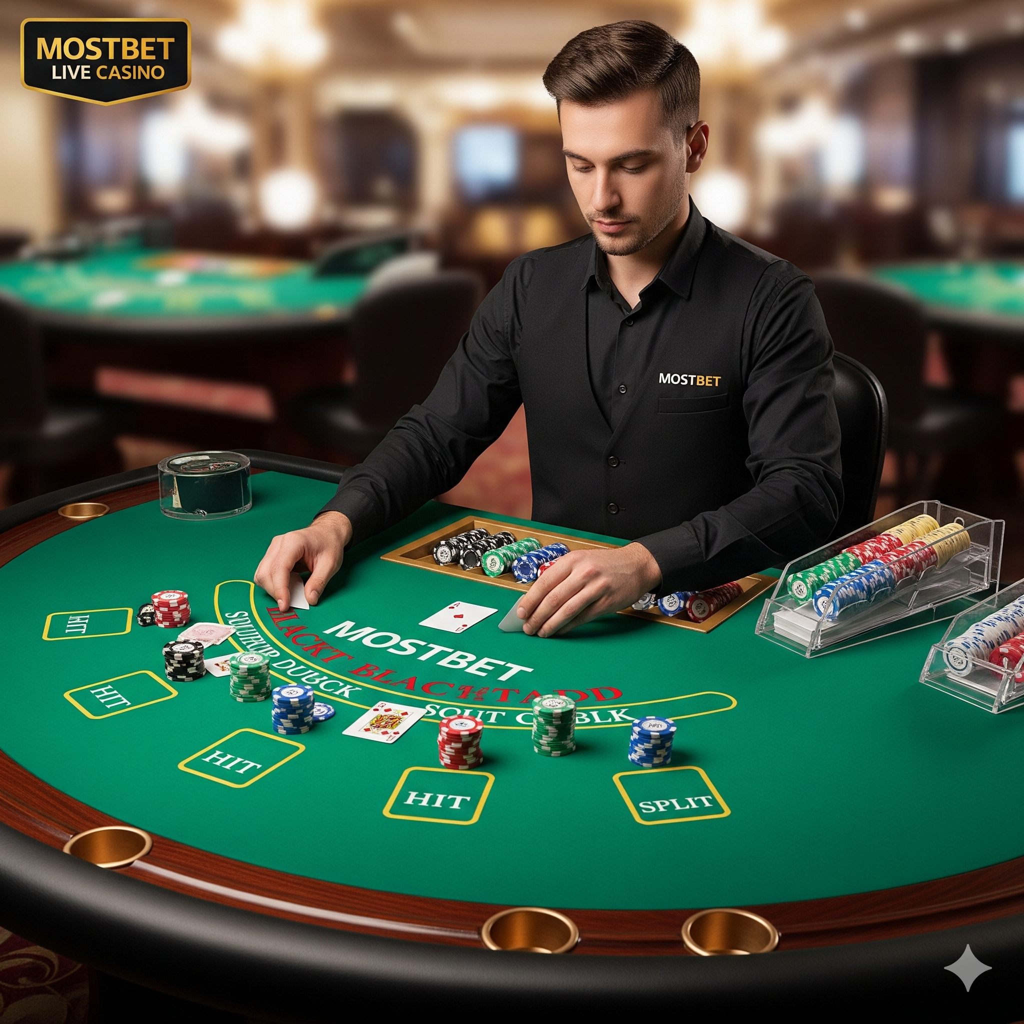 Живой дилер раздает карты в блэкджек на Mostbet