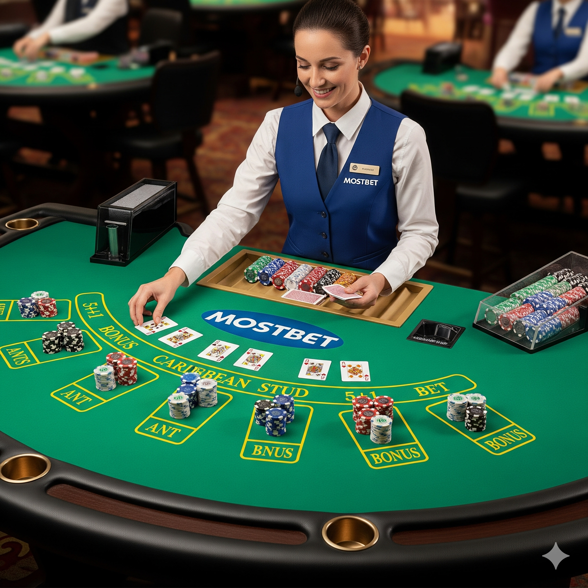 Стол Caribbean Stud Poker с живым дилером Mostbet
