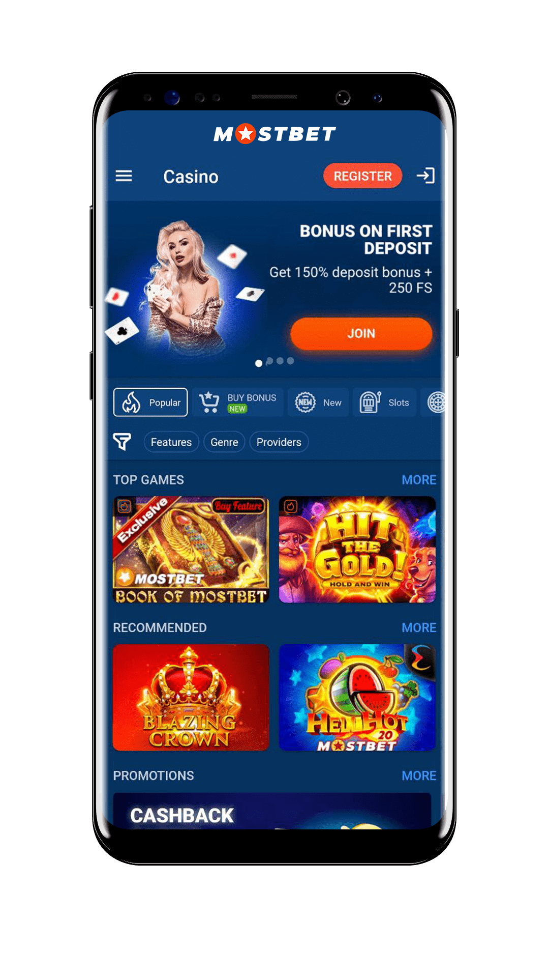 Интерфейс мобильного приложения Mostbet на смартфоне