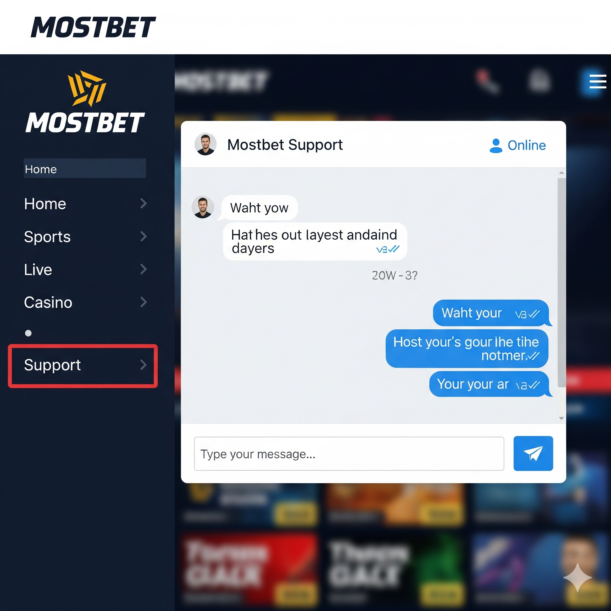 Интерфейс чата поддержки клиентов Mostbet