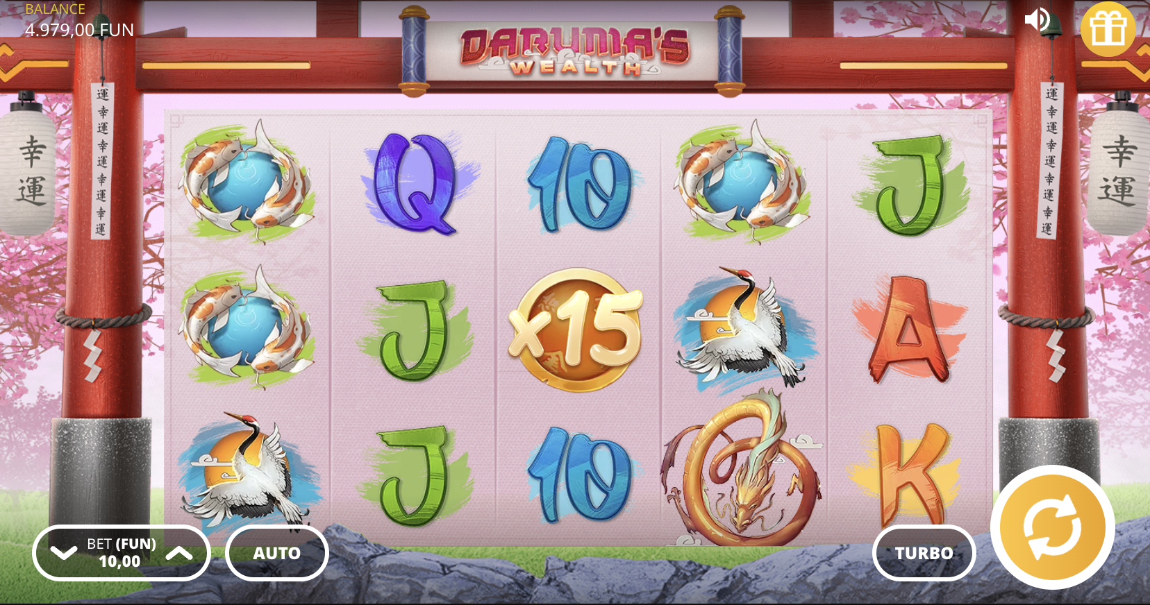 Japanese Daruma symbols and stacks in the Daruma's Wealth slot