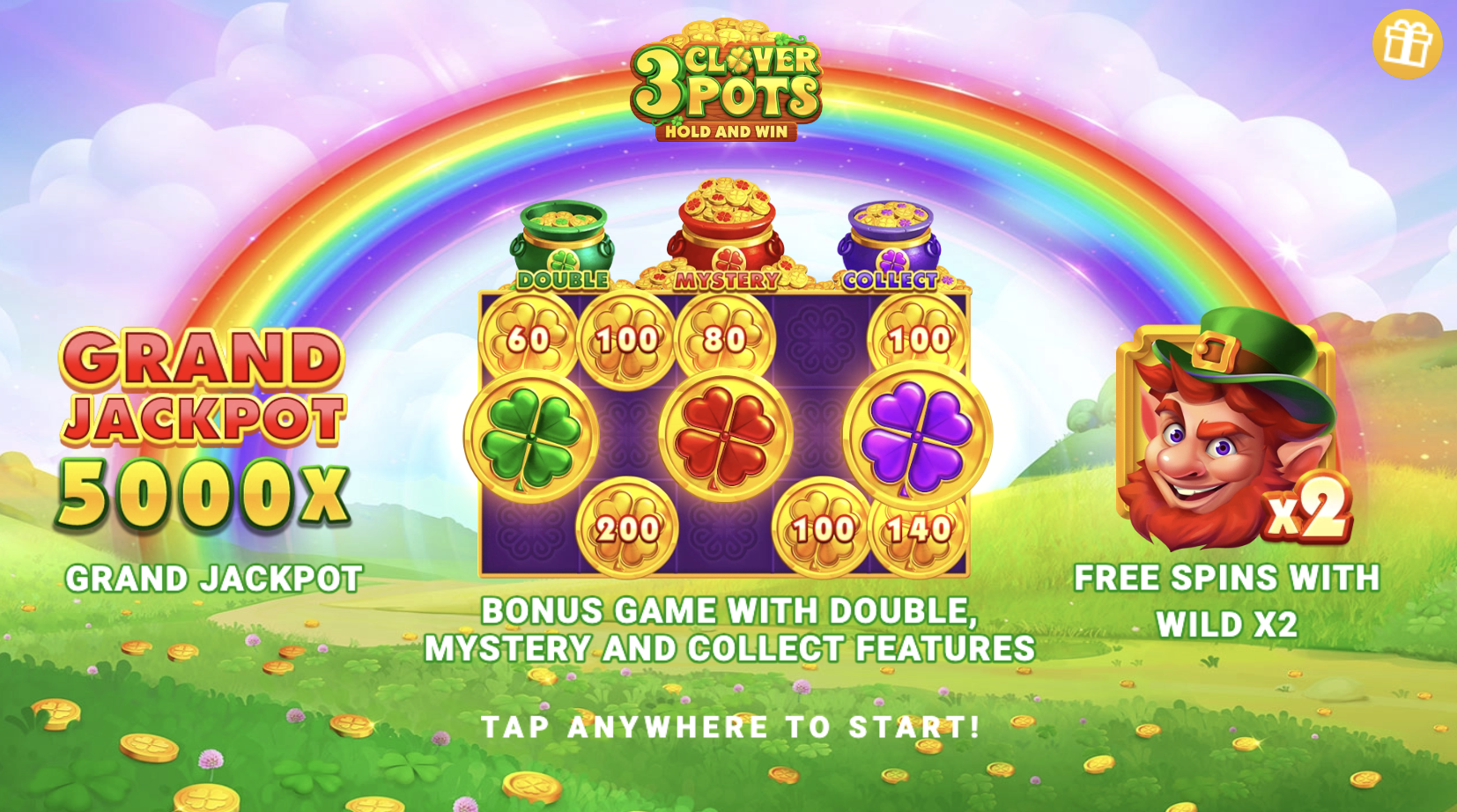 Main screen of the 3 Clover Pots slot machine from 3 Oaks with reels and interface