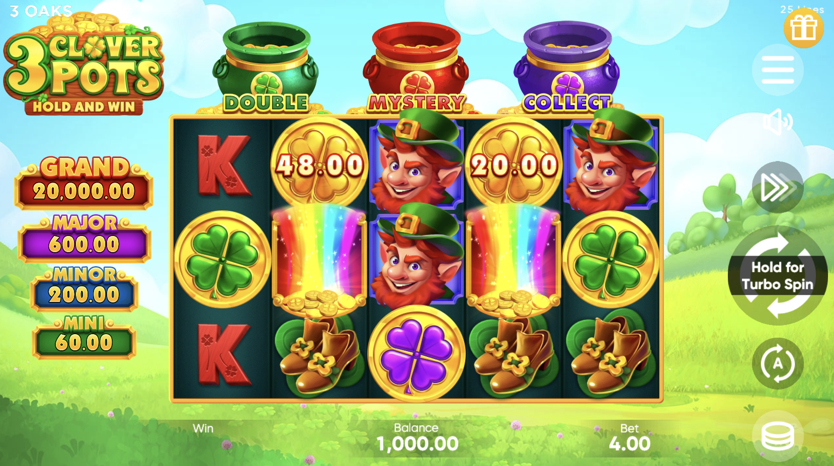 3 Clover Pots paytable with wild and scatter symbols