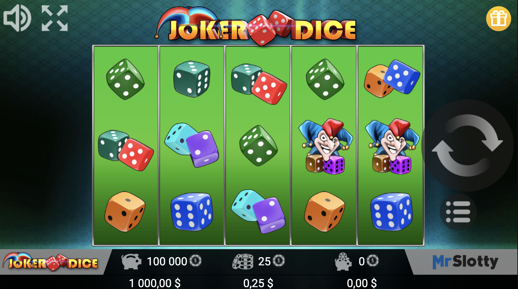 Air Dice ұсынған Joker Dice ойын автоматының 3×3 ойын алаңы бар негізгі экраны