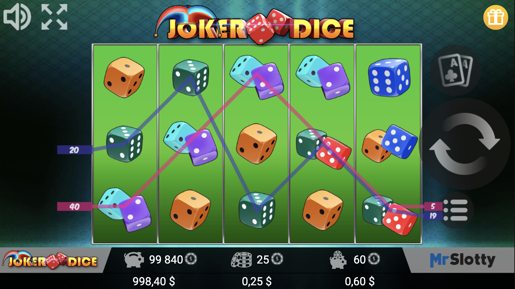 Joker Dice бонустық ойынының экраны, көбейткіштер және шешім таңдау