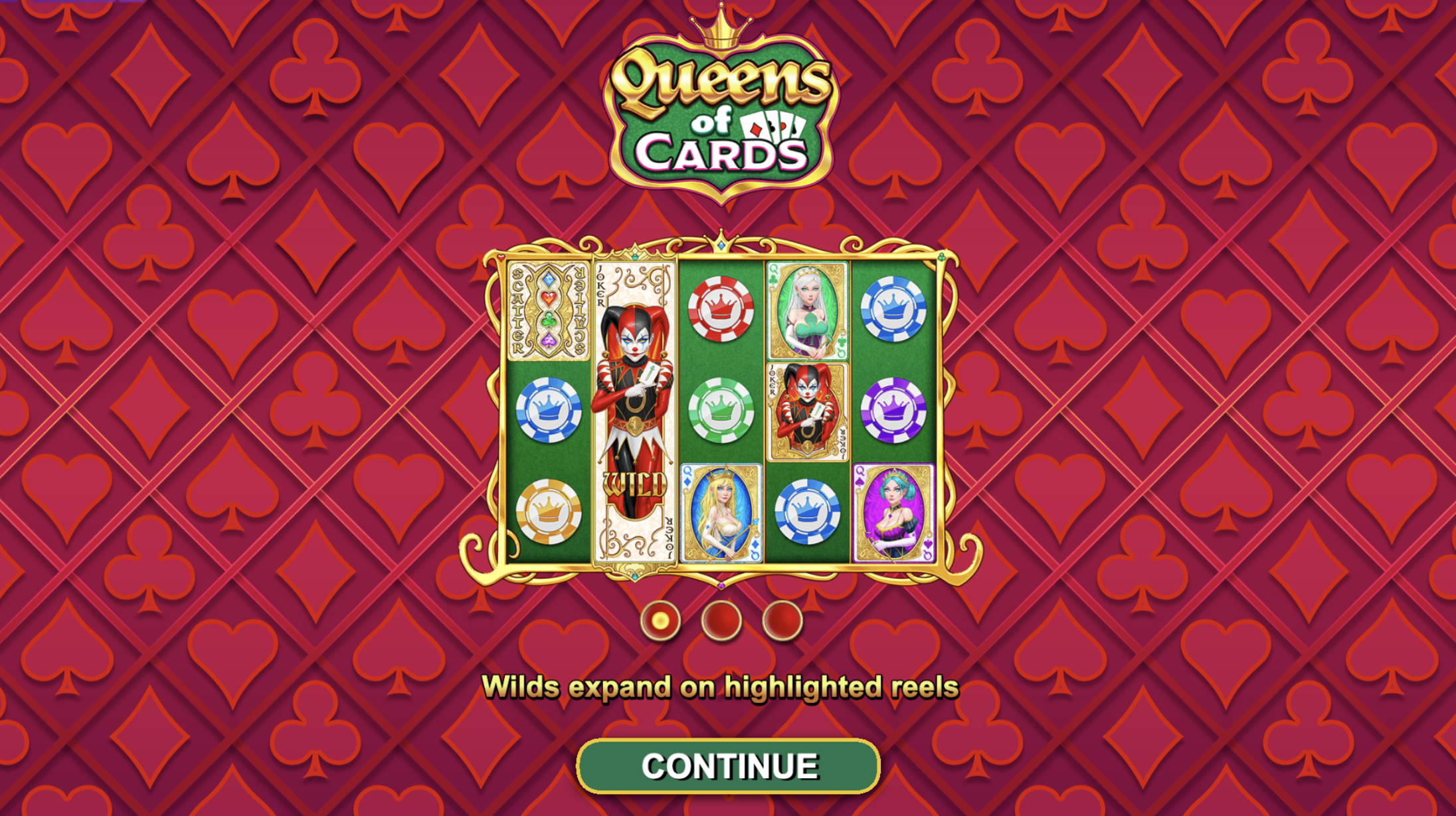Main screen of the Queens of Cards slot machine from ZeusPlay with a card theme