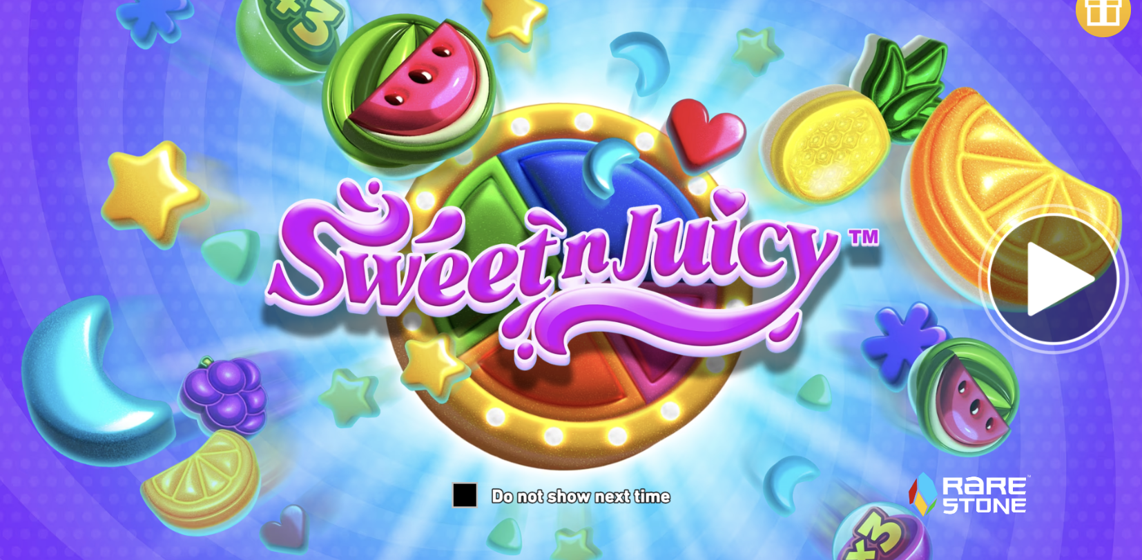 Main screen of the Sweet N Juicy slot machine from Rarestone Gaming with a 6×5 field