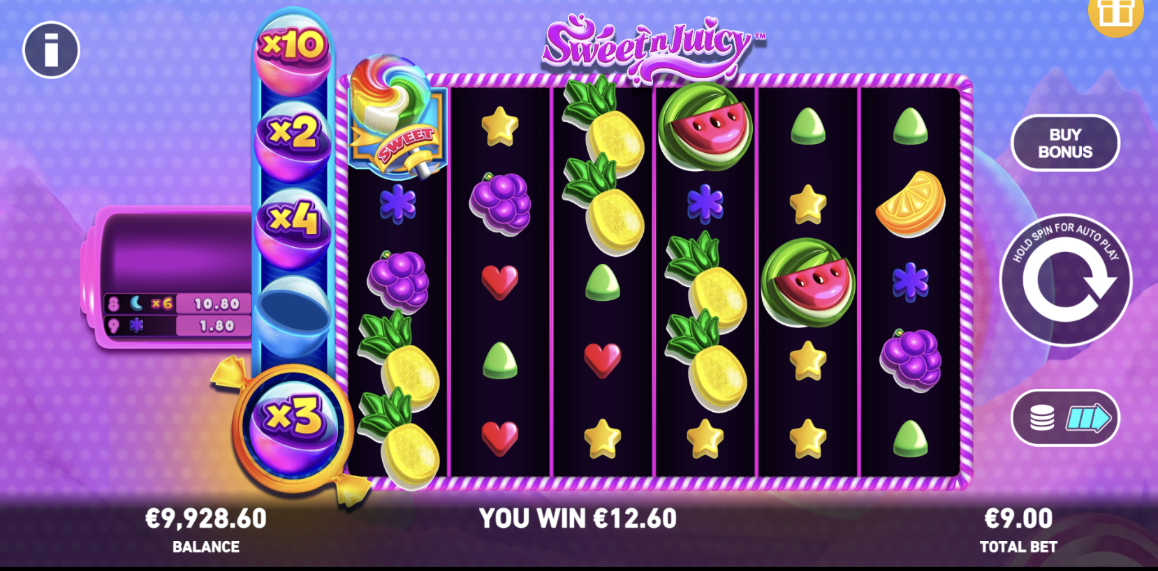 Free spins mode in Sweet N Juicy with active multipliers and cascades