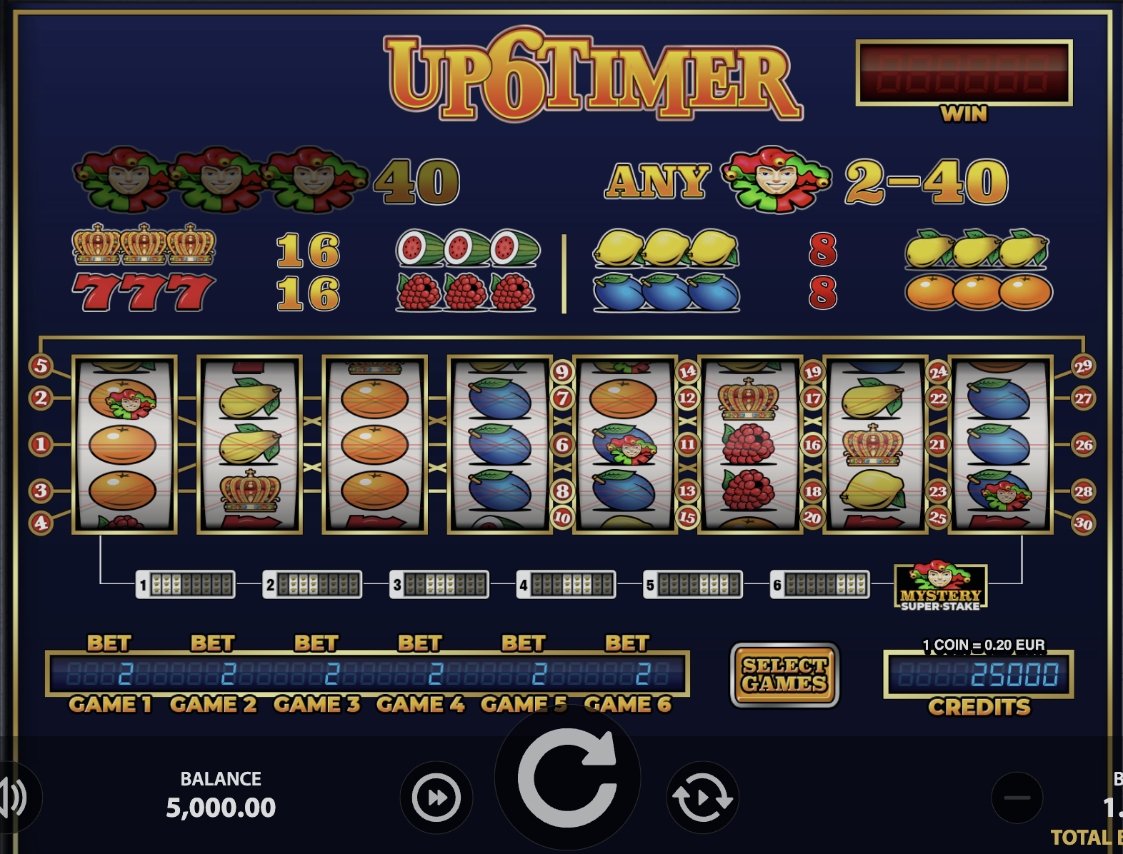 Main screen of the Up6Timer slot machine from StakeLogic with a 3×3 game field