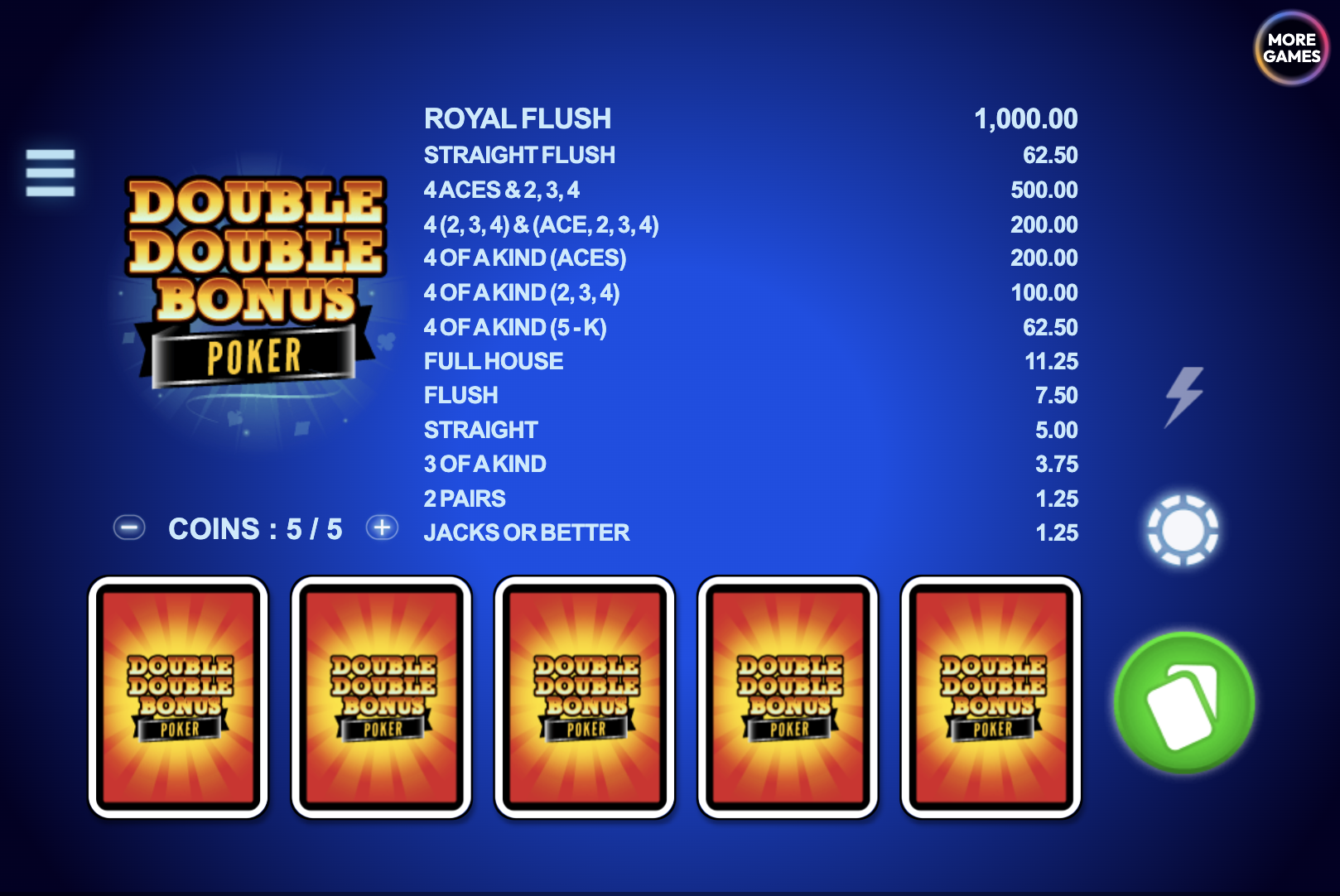 Demo mode of Double Double Bonus Poker for strategy practice