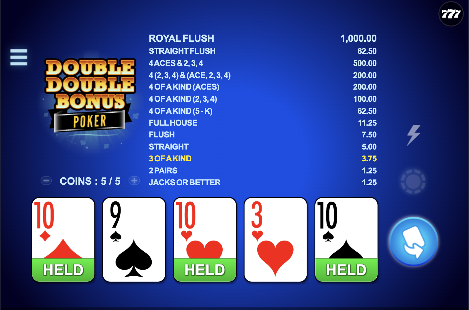 Emotional control during Double Double Bonus Poker gameplay
