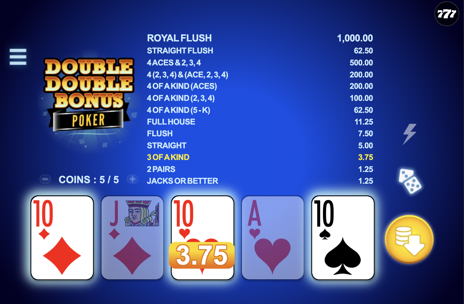 Strategic table for Double Double Bonus Poker with priorities
