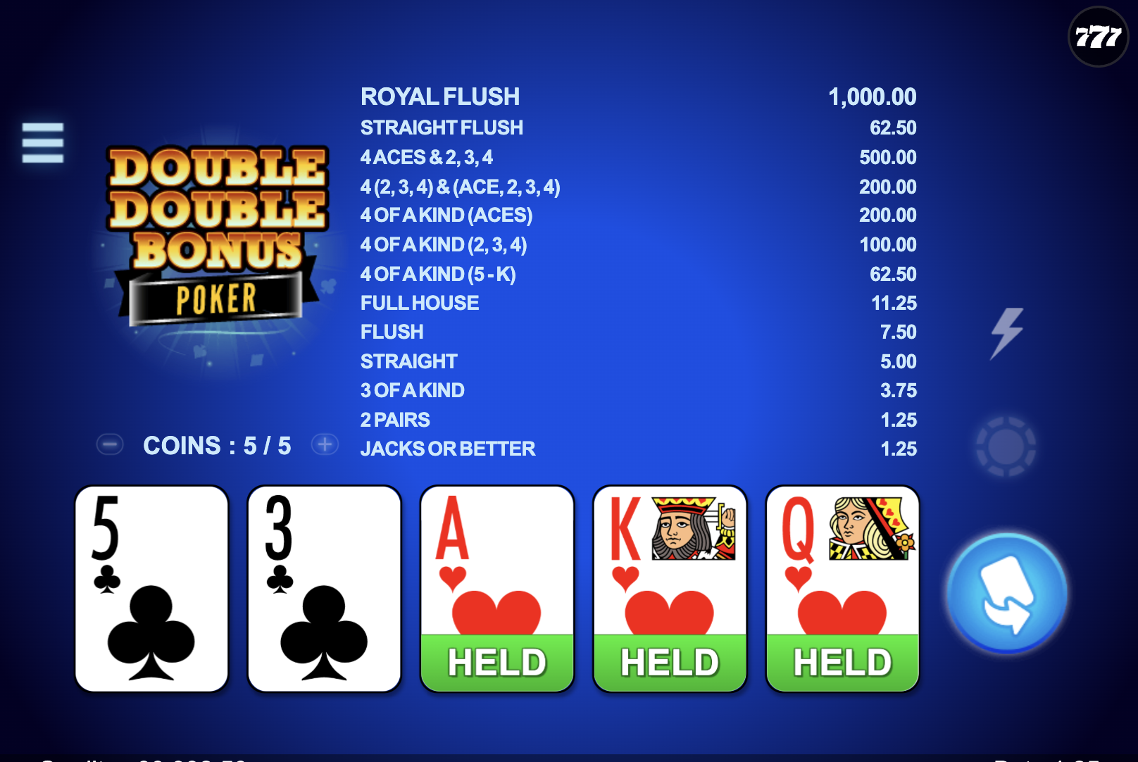 Game screen of Double Double Bonus Poker 5 Hand from Habanero Systems with five hands