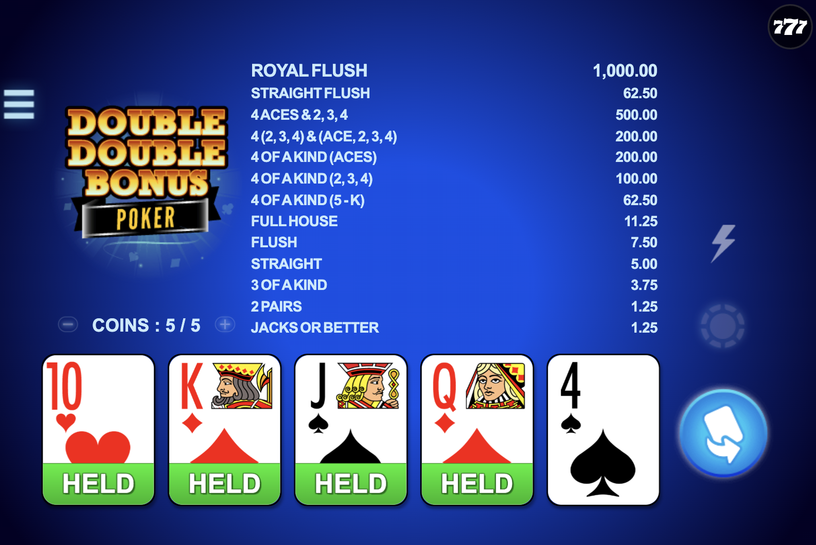 Double Double Bonus Poker paytable with bonus combinations