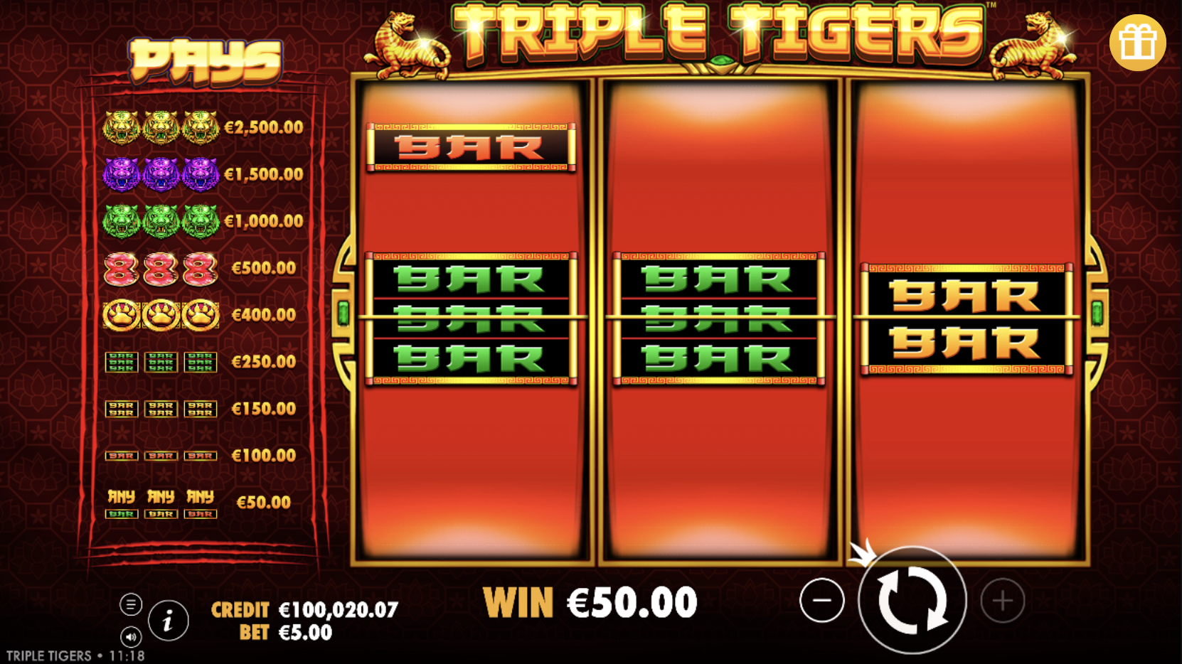 Triple Tigers symbols with tigers and paytable
