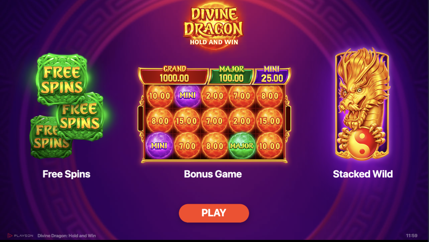 Главный экран Divine Dragon: Hold and Win от Playson с азиатской тематикой дракона