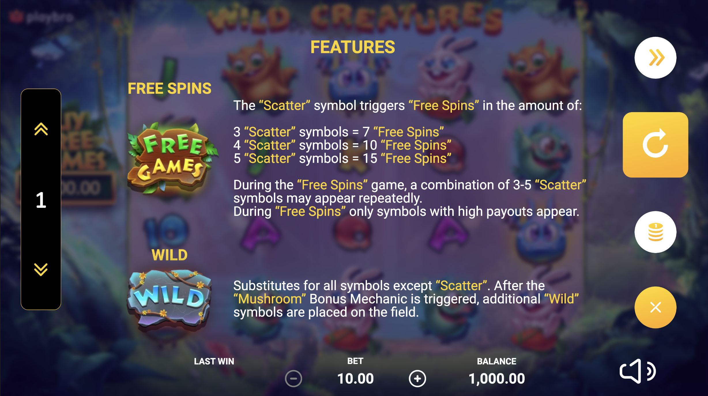 Free spins mode in Wild Creatures with bonus features