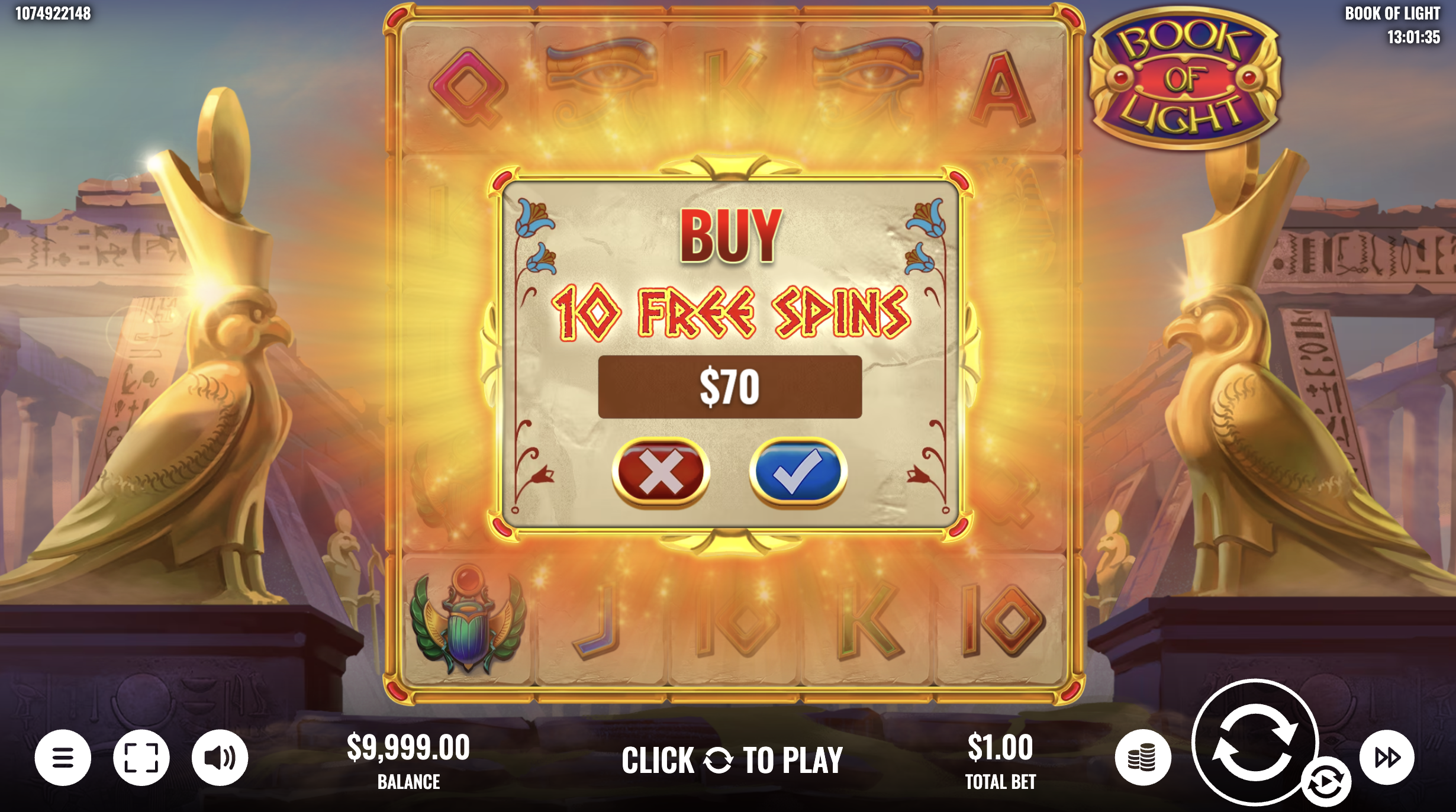 Buy bonus feature in Book of Light with high volatility