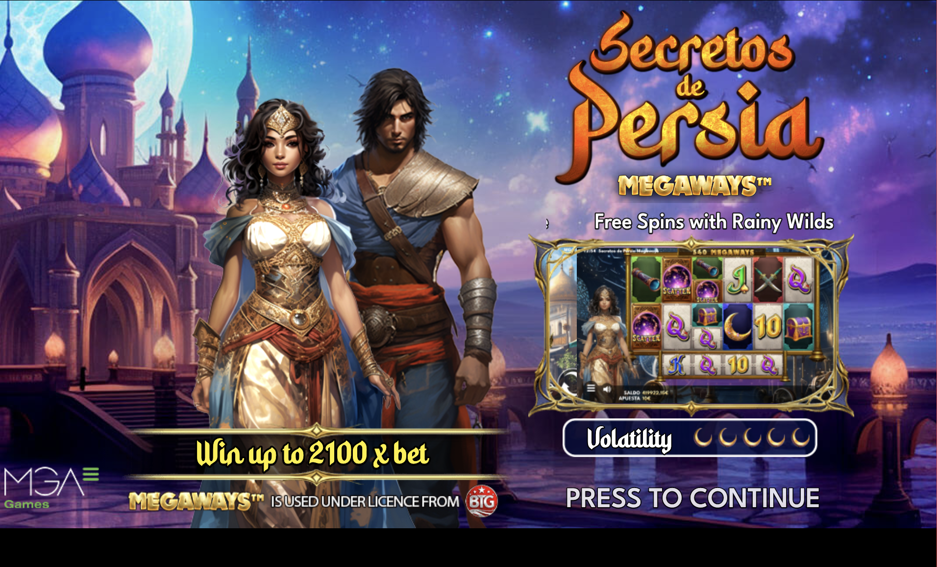 Main screen of Secretos de Persia Megaways by MGA Games with Persian theme
