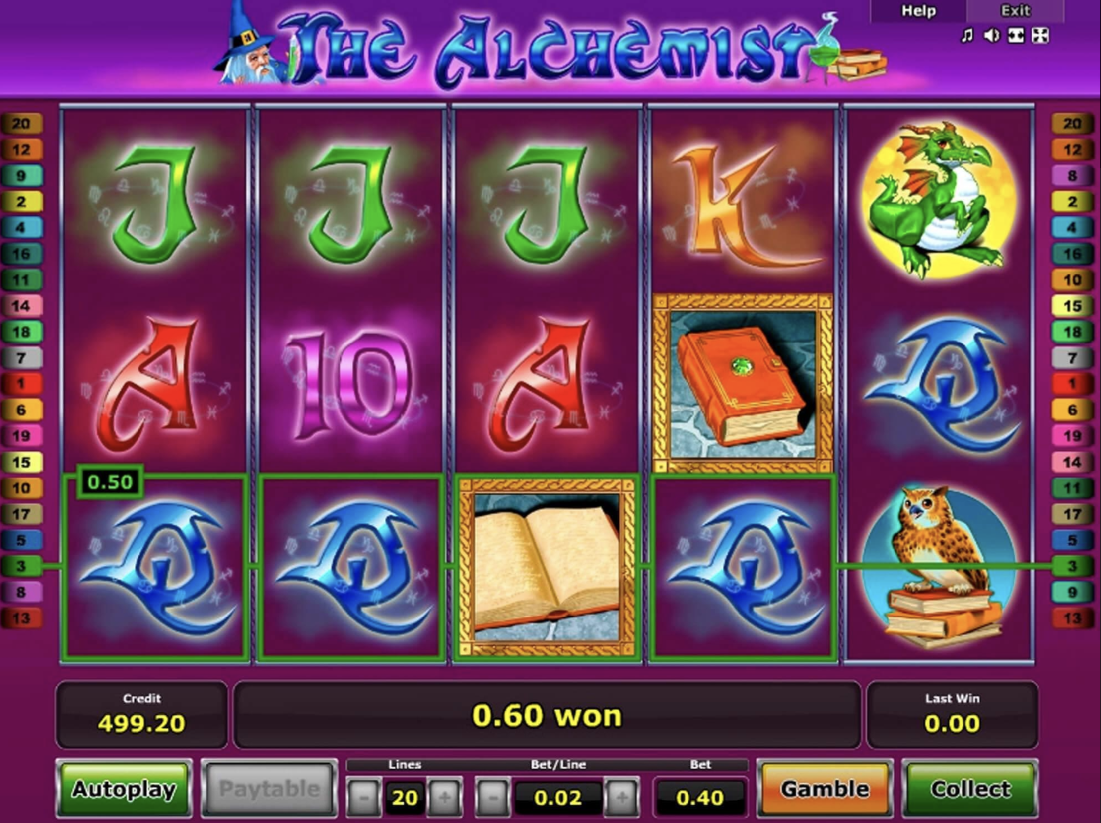 Main screen of The Alchemist slot machine from PariPlay with an alchemical laboratory