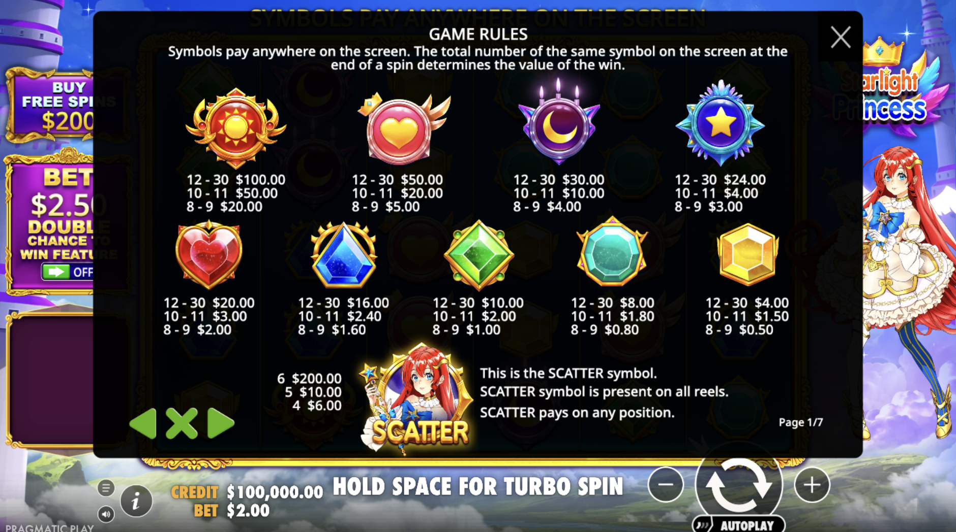 Starlight Princess symbols and payout table with gemstones