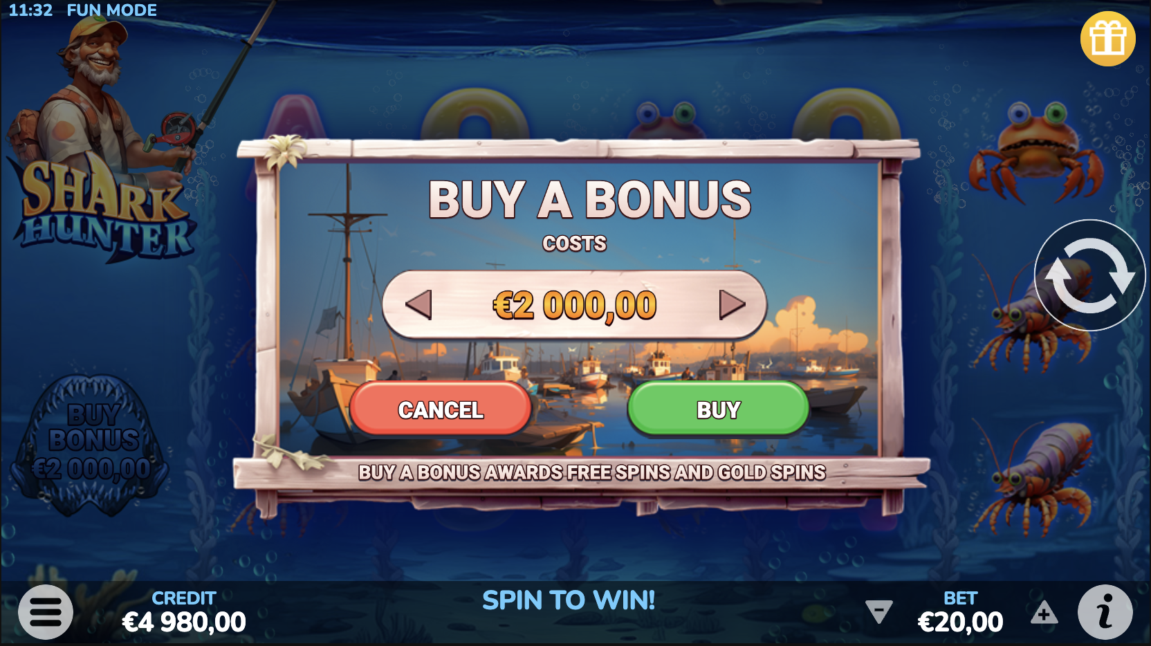 Shark Hunter slot game grid with 25 paylines