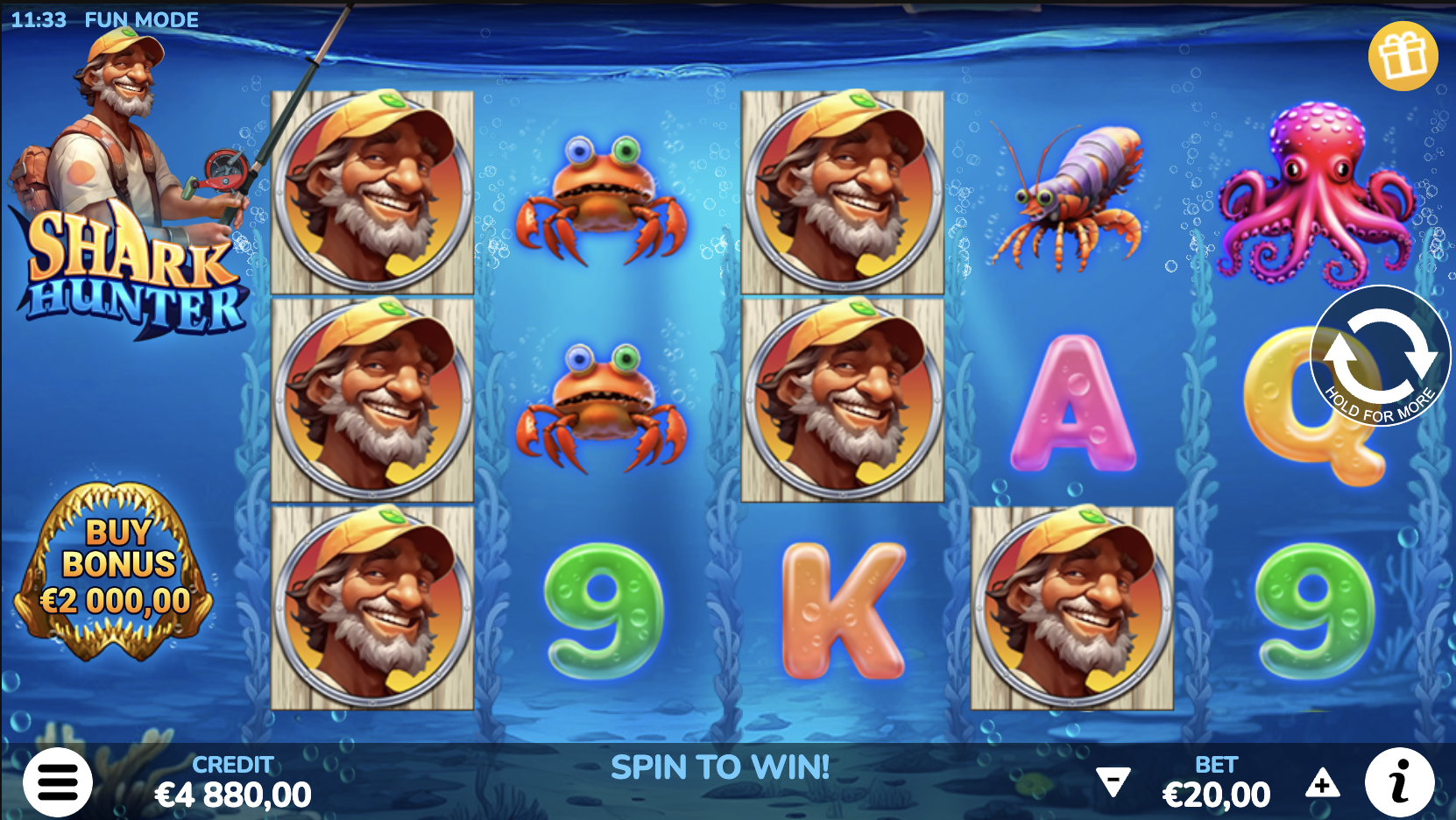 Shark Hunter slot game grid with 25 paylines
