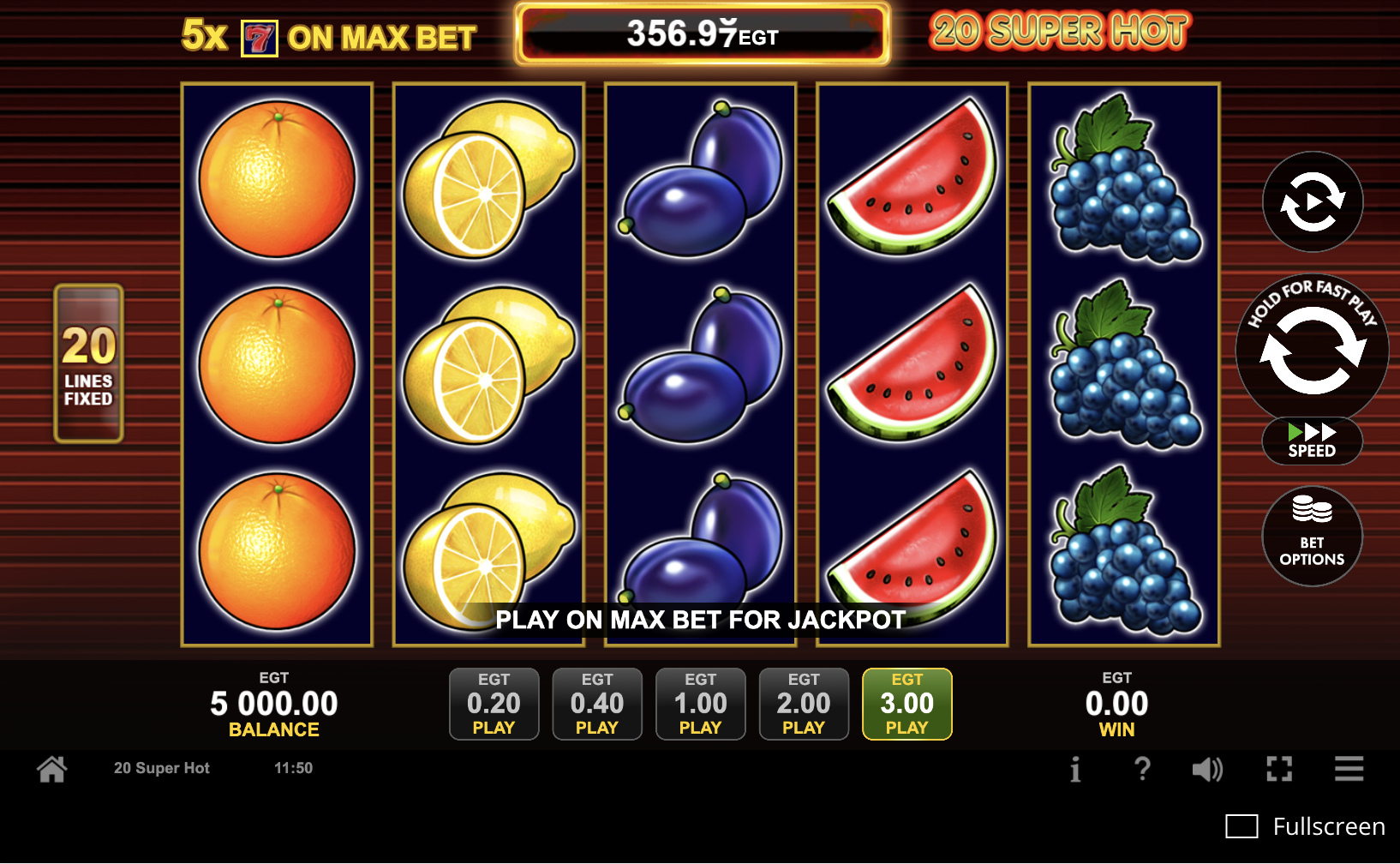 Classic interface of the 20 Super Hot slot with fruit symbols