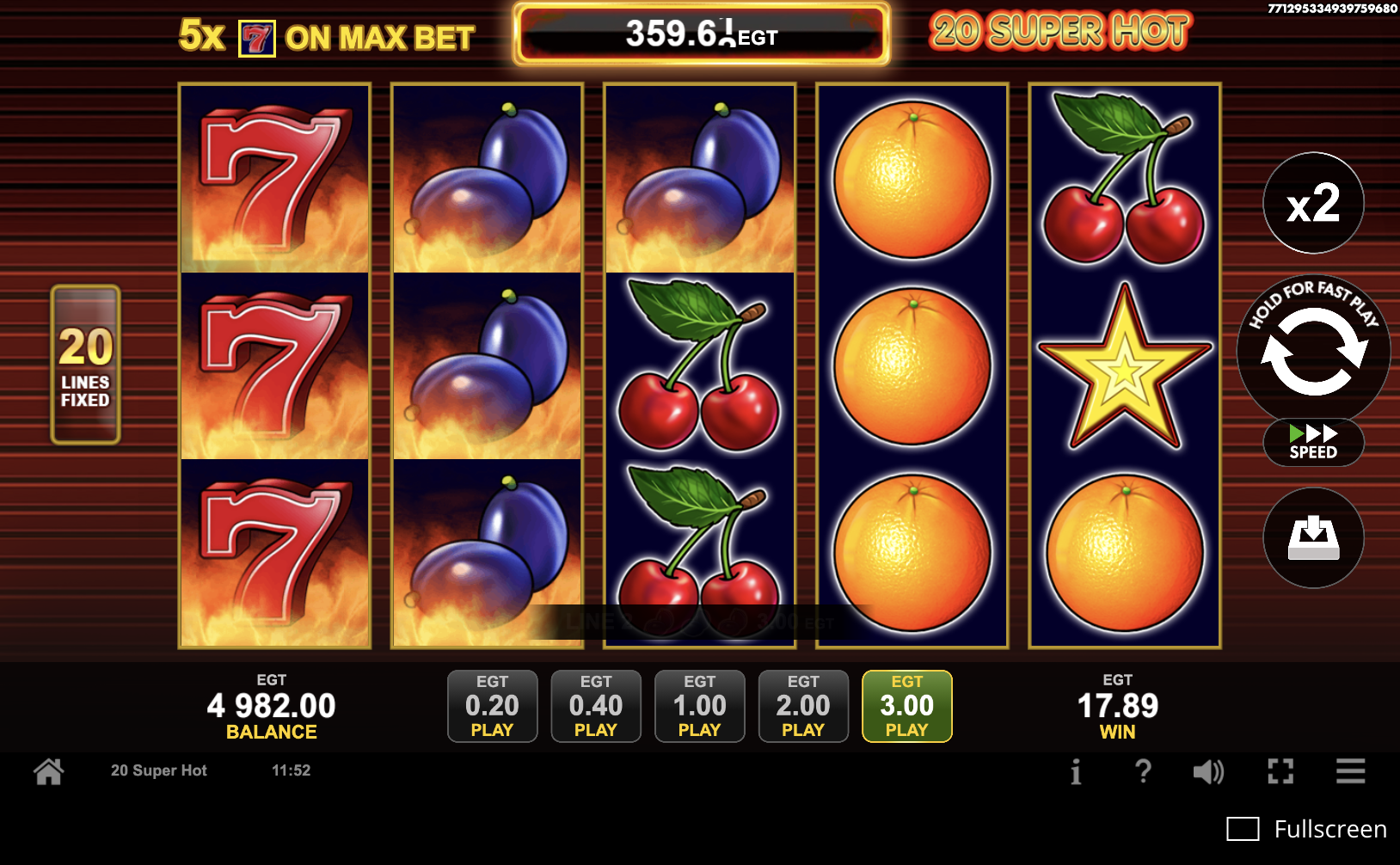 Fruit symbols and Wild in the 20 Super Hot payout table