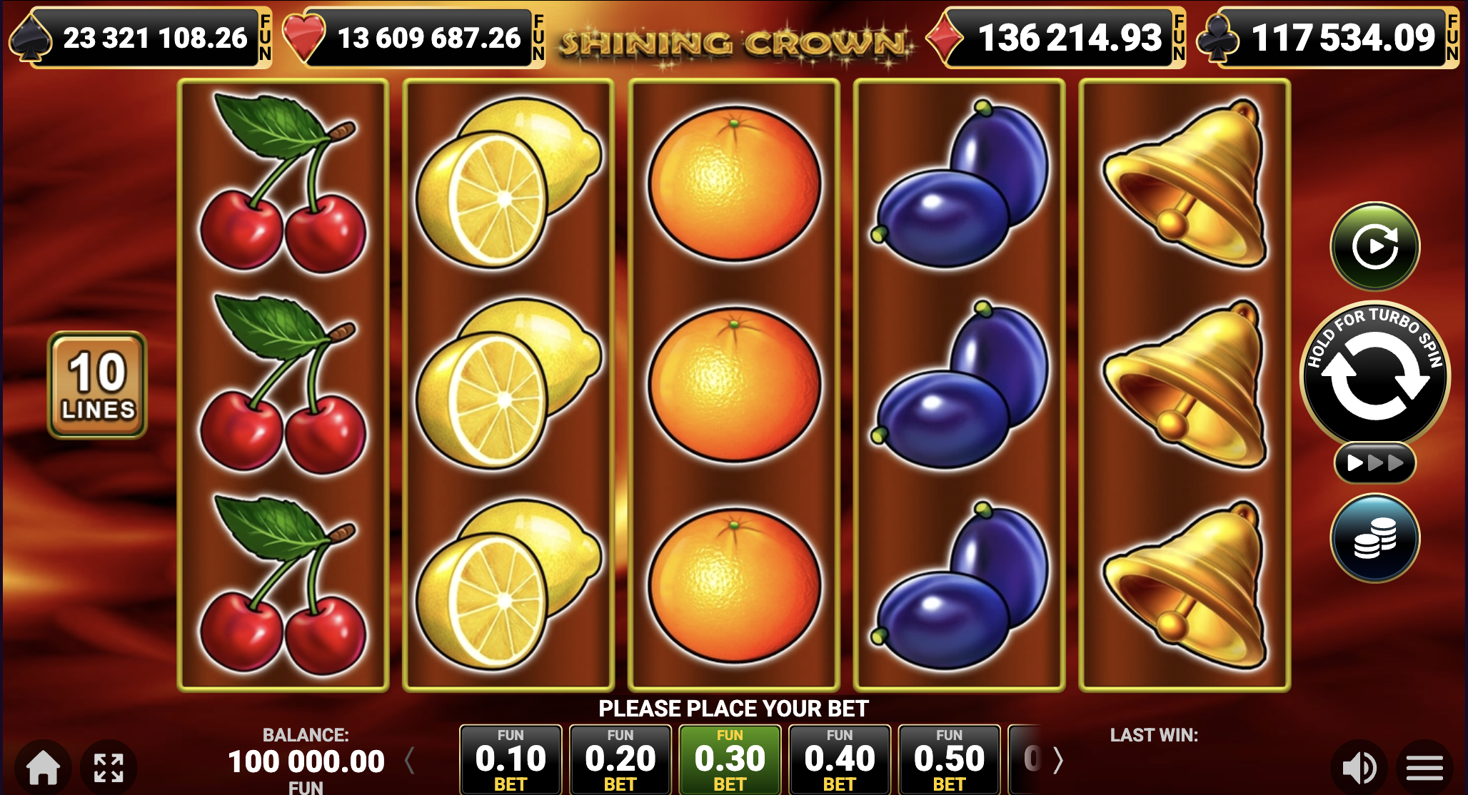 Интерфейс классического слота Shining Crown от Amusnet Interactive