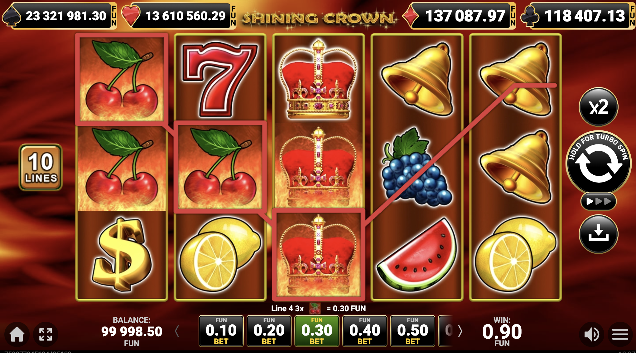 Символы слота Shining Crown: фрукты, корона и Wild символы