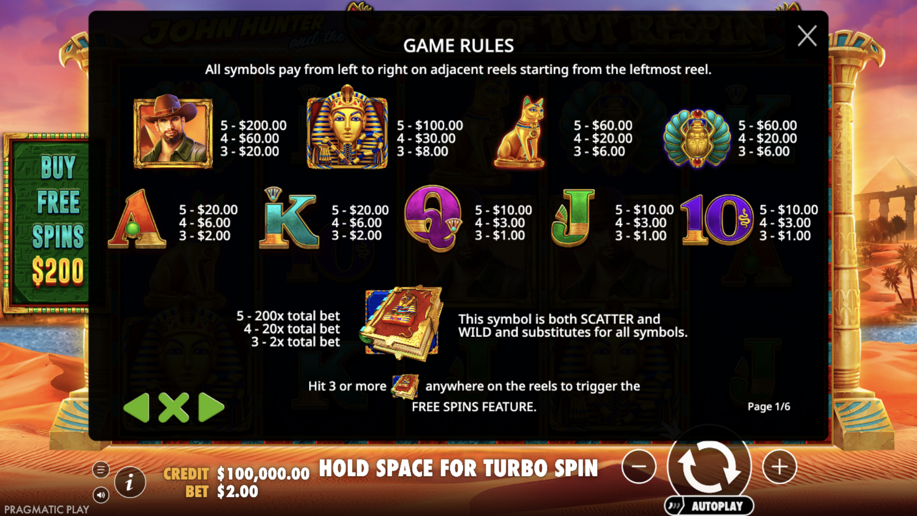 John Hunter Book of Tut Respin symbols payout table