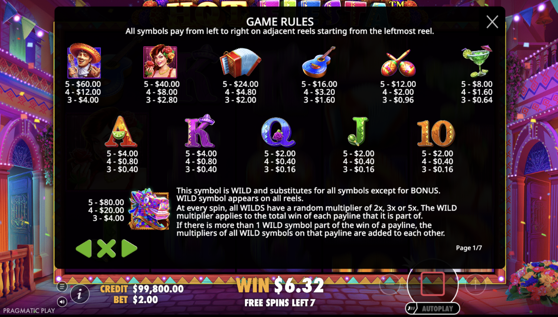 Mostbet-тегі барлық символдардың коэффициенттері бар Hot Fiesta төлемдер кестесі