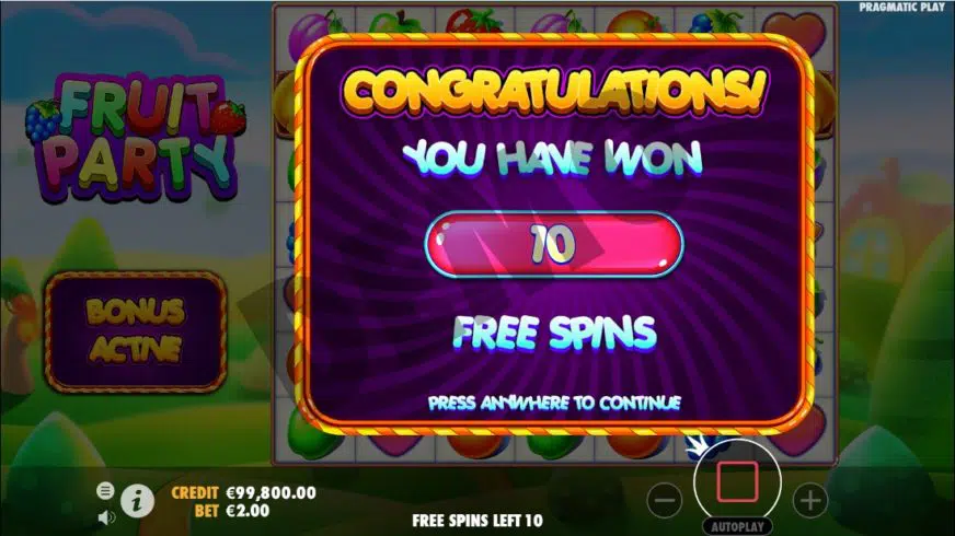 Free Spins Bonus Round in Fruit Party with multipliers