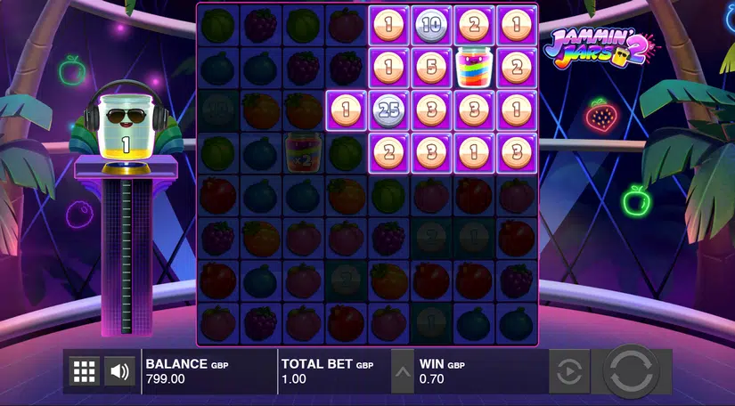 Jammin' Jars 2 game field with multipliers and fruit symbols