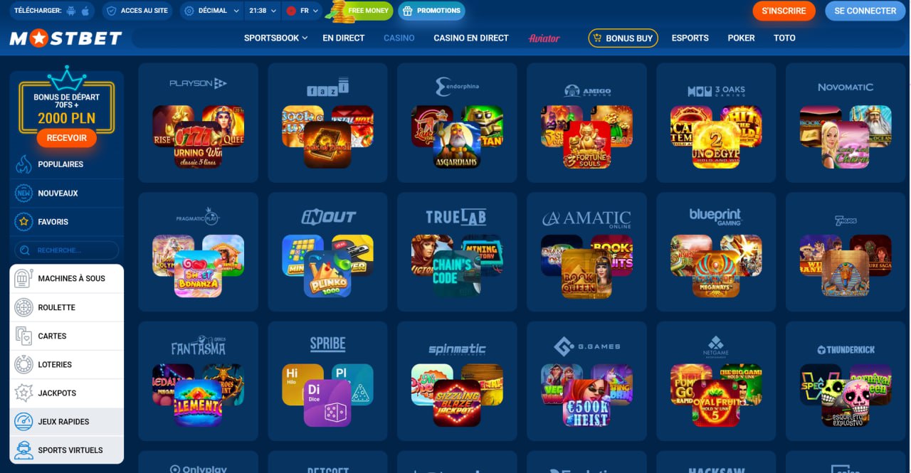 Interface du casino Mostbet FR avec des jeux en euro