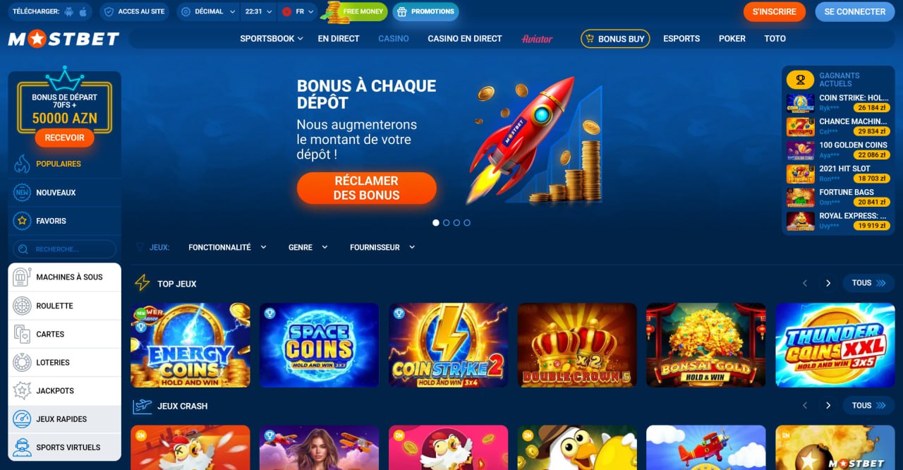 Page d'accueil de Mostbet FR avec l'interface adaptée aux utilisateurs français
