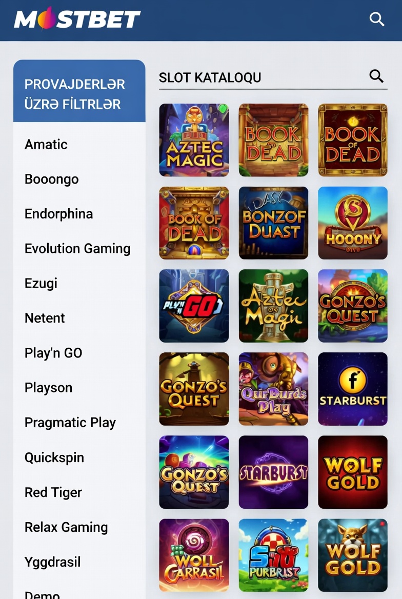 Provayderlər üzrə filtrlərlə Mostbet slot kataloqu